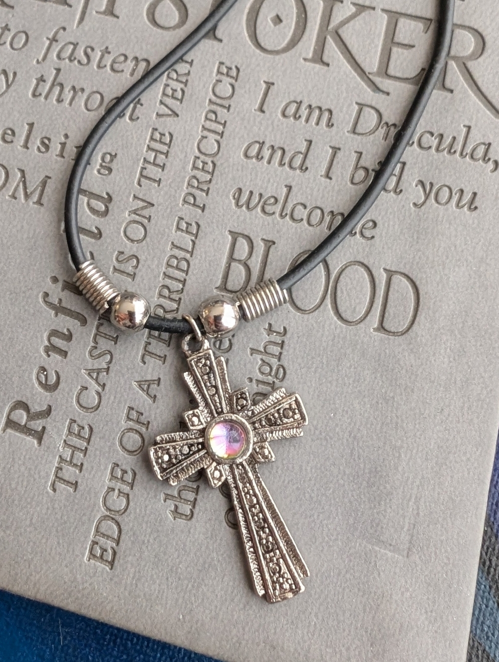 Source Unknown Silver Cross Necklace with Iridescent Stone and Black Cord